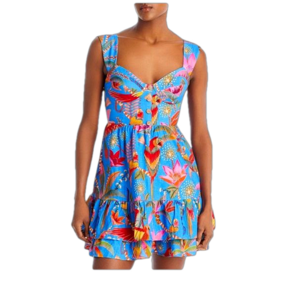 FARM Rio Macaw Party Mini Dress Linen Lined Fit & Flare NWT $180 MSRP